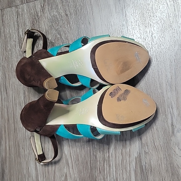 Magrit Spain Leather & Suede Ankle Strap Platform Heels Teal Blue & Brown 37.5 7 - Picture 8 of 16